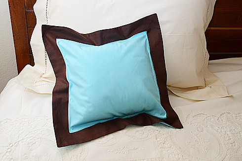 Hemstitch Multicolor Baby Pillow 12x12". Aqua & Chocolate